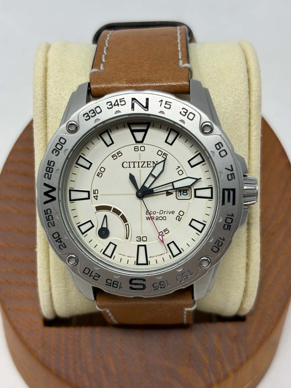 Citizen Eco-Drive AW7040-02A Men's Watch 44mm Cream Dial Compass Brown Leather